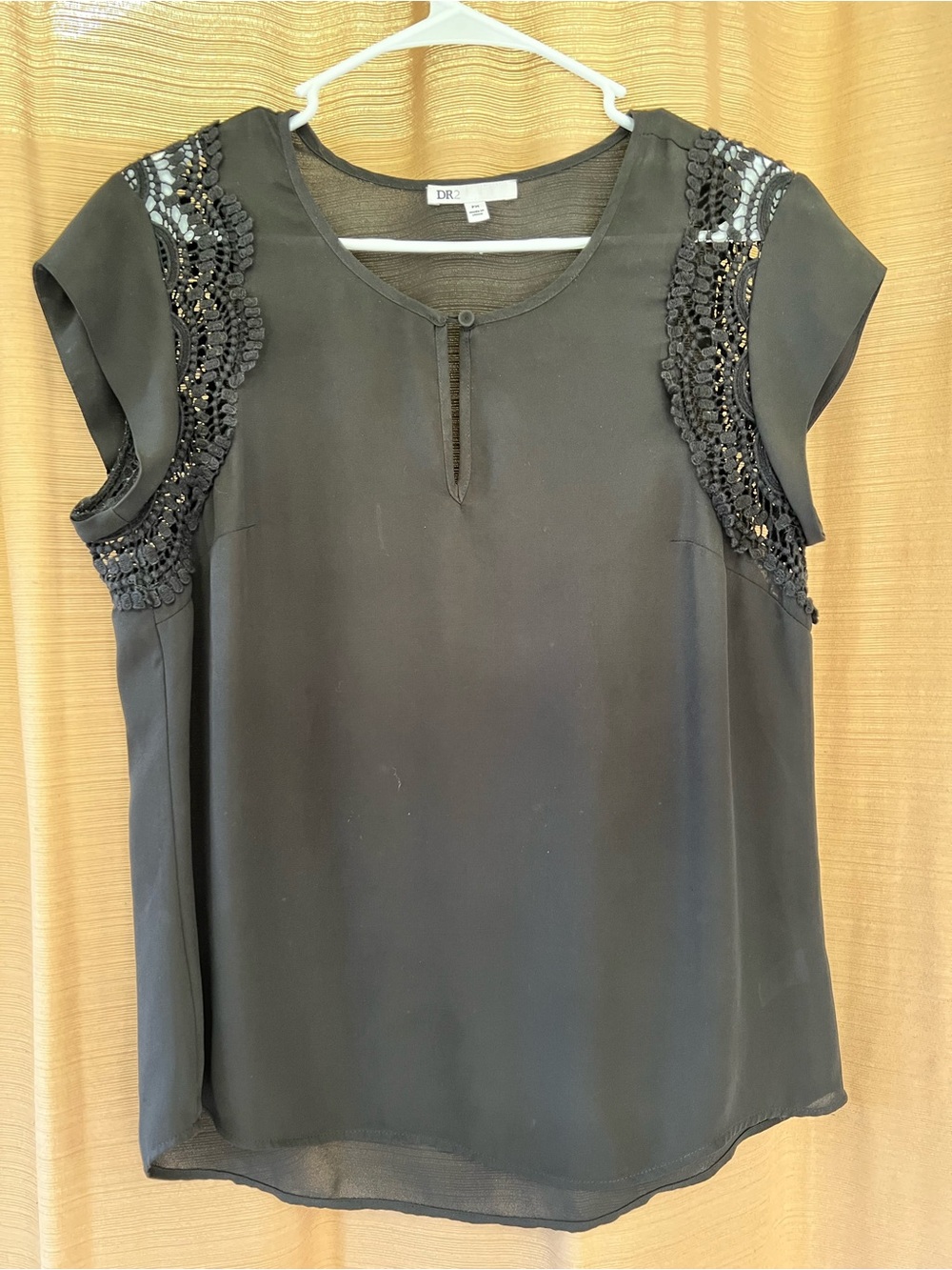 DR2 Black Cap-Sleeve Blouse with Sequin & Lace Shoulder Detail